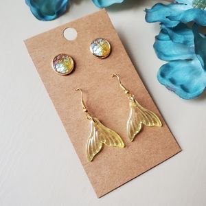 Handmade set of 2 mermaid pearly yellow gold studs mermaid tail dangle earrings